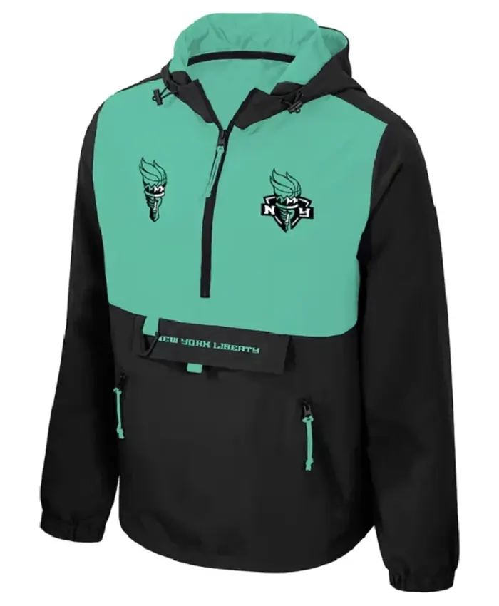 New York Liberty Legends Challenger Half Zipper Mint and Black Hooded Jacket Front