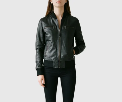 Shop Womens Black Leather Bomber Biker Jacket