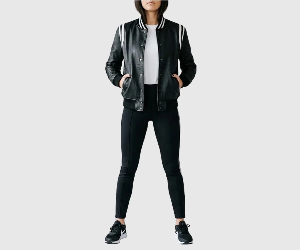 Shop Womens Black Varsity White Stripe Bomber Jacket