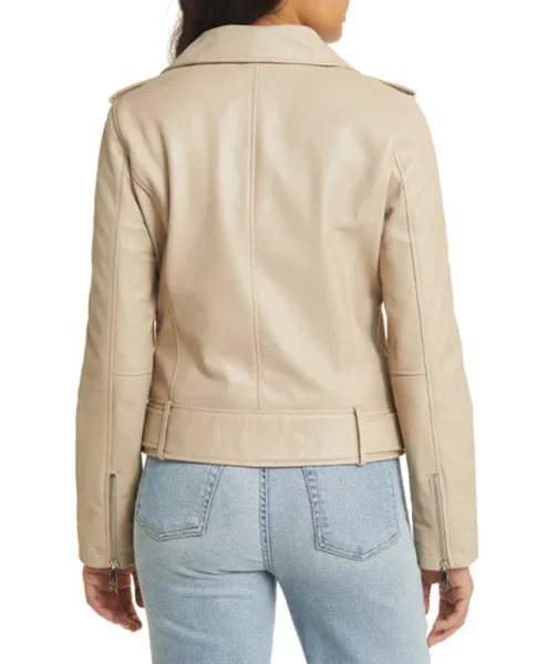 Stylish Womens Beige Moto Leather Jacket Back