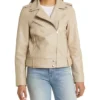 Stylish Womens Beige Moto Leather Jacket Front