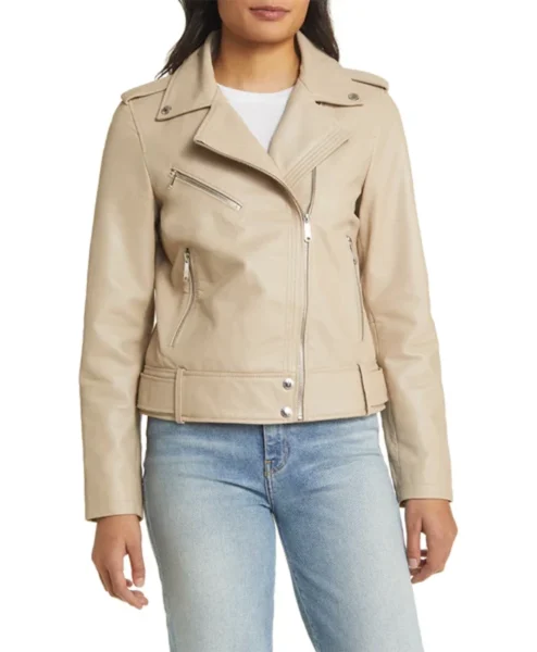 Stylish Womens Beige Moto Leather Jacket Front