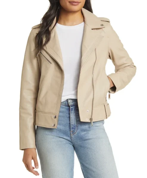 Stylish Womens Beige Moto Leather Jacket Main