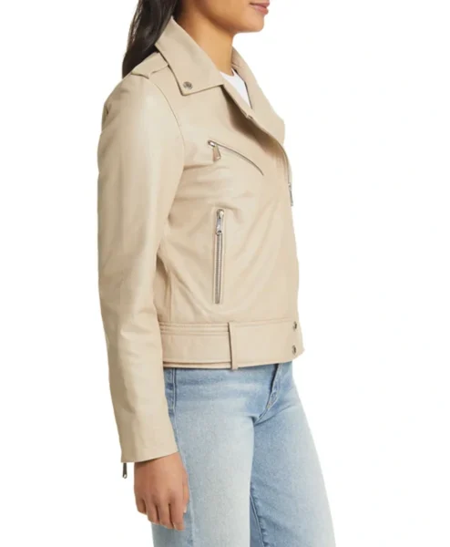 Stylish Womens Beige Moto Leather Jacket Side