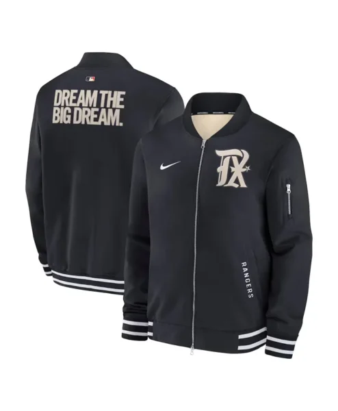 Texas Rangers Nike Authentic Collection City Connect Full Zip Black Bomber Jacket