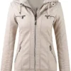 Womens Beige Faux Leather Biker Jacket With Detachable Hood