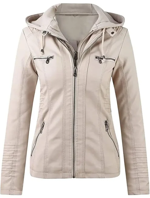 Womens Beige Faux Leather Biker Jacket With Detachable Hood