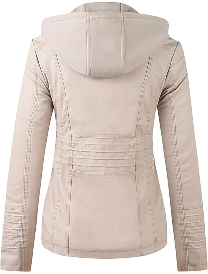 Womens Beige Faux Leather Biker Jacket With Detachable Hood Back