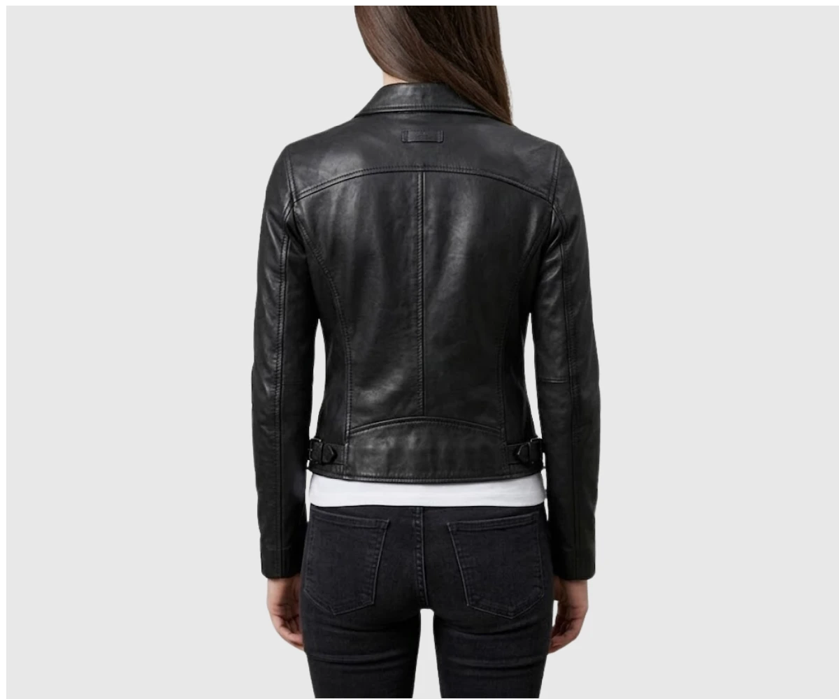 Womens Black Biker Motorcycle Style Leather Jacket