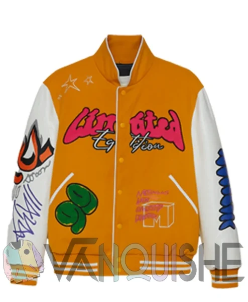 Yellow Boxy Fit Graffiti Varsity Jacket front.webp