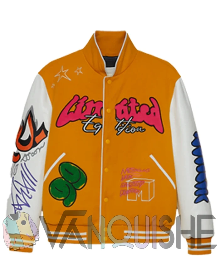 Yellow Boxy Fit Graffiti Varsity Jacket front.webp