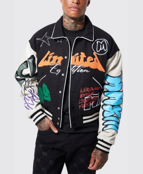 black boxy fit graffiti varsity jacket main.webp