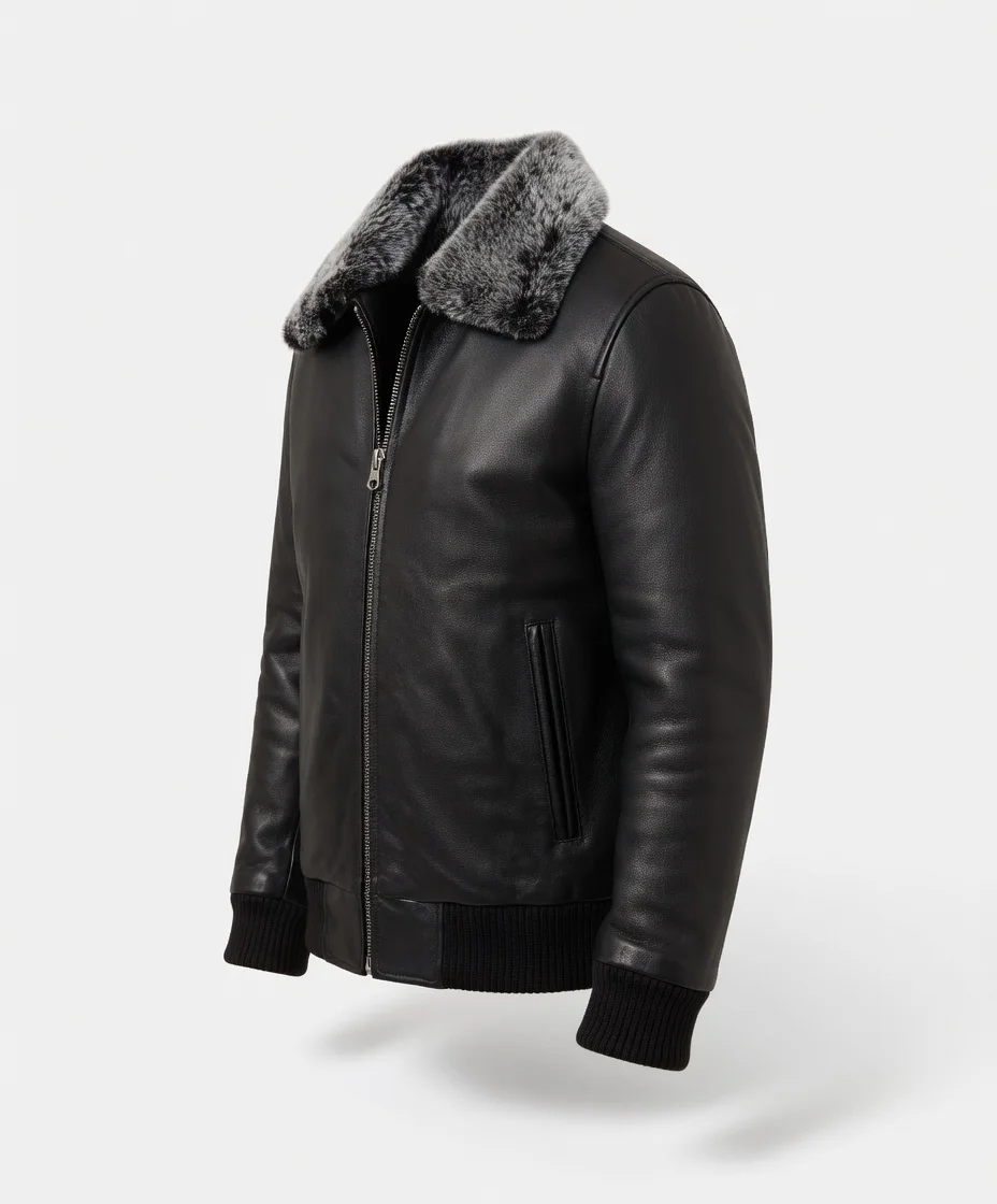 bradford bomber shearling black leather jacket side