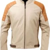 mens beige leather jacket Cafe Racer Vintage Inspired Moto Jacket with Brown Accents and Slim Fit Design