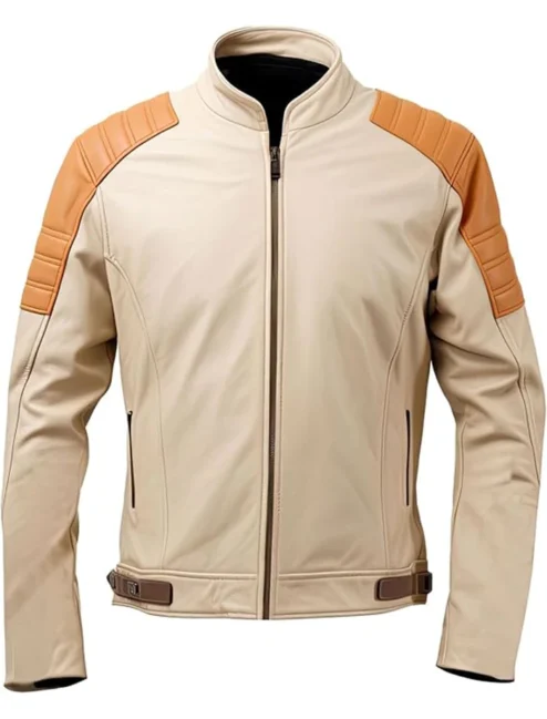 mens beige leather jacket Cafe Racer Vintage Inspired Moto Jacket with Brown Accents and Slim Fit Design