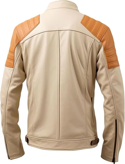 mens beige leather jacket Cafe Racer Vintage Inspired Moto Jacket with Brown Accents and Slim Fit Design Back