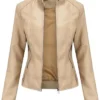 womens beige leather jacket motorcycle stylish spring lightweight Stylish Motor Biker With Zipper
