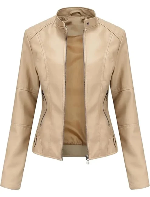 womens beige leather jacket motorcycle stylish spring lightweight Stylish Motor Biker With Zipper