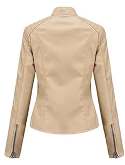 womens beige leather jacket motorcycle stylish spring lightweight Stylish Motor Biker With Zipper Back
