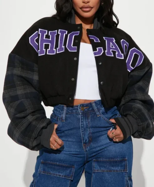 womens black chicago style cropped varsity jacket.webp