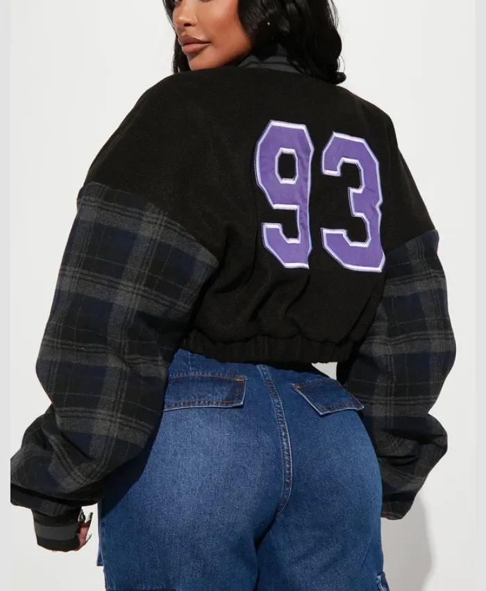 womens black chicago style cropped varsity jacket back.webp