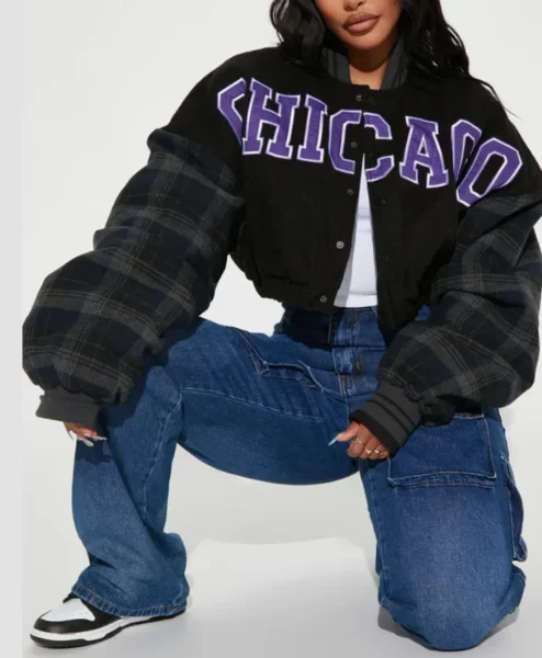 womens black chicago style cropped varsity jacket style.webp