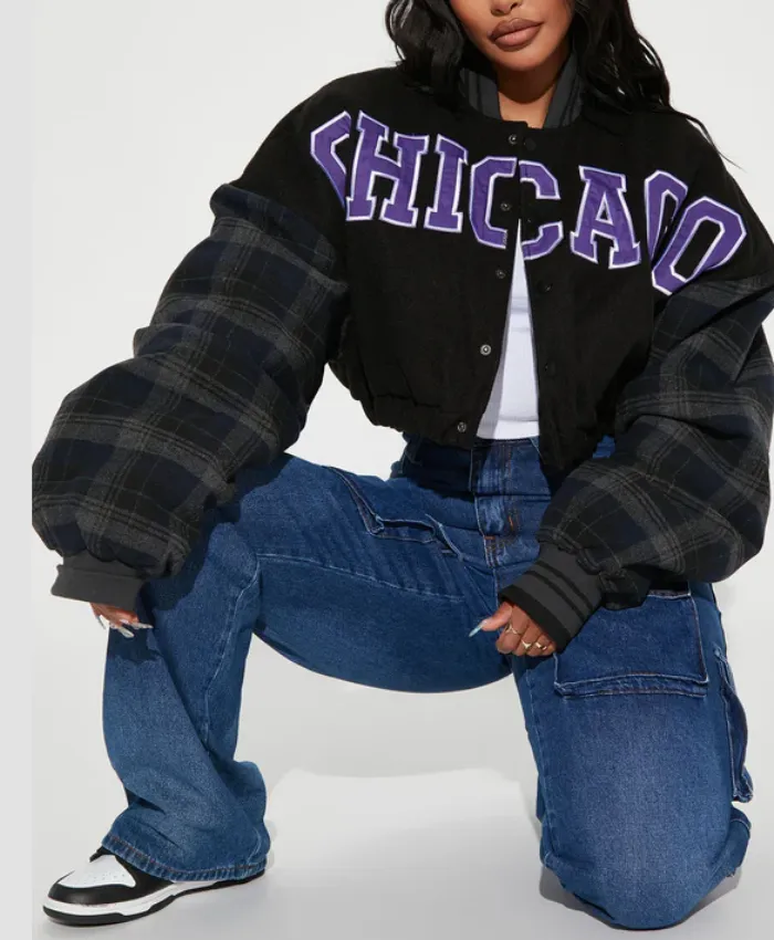 womens black chicago style cropped varsity jacket style.webp