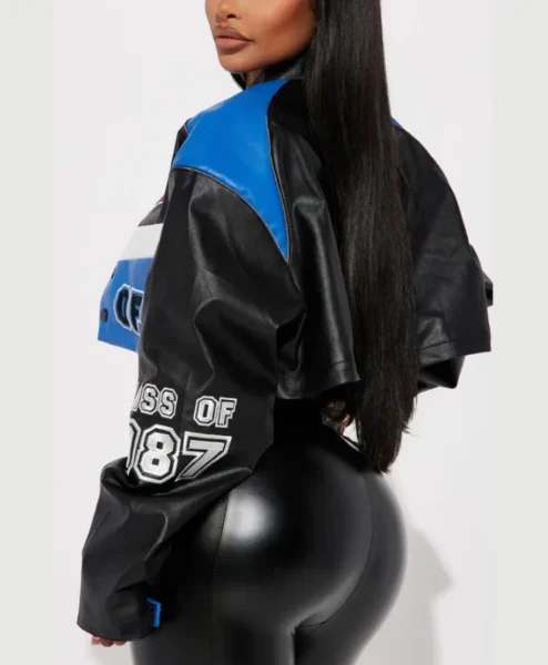 womens blue cropped class of 87 varsity jacket back.webp