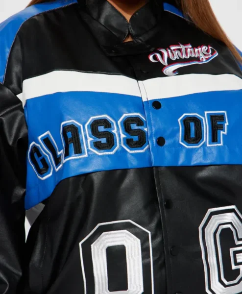 womens blue cropped class of 87 varsity jacket front.webp