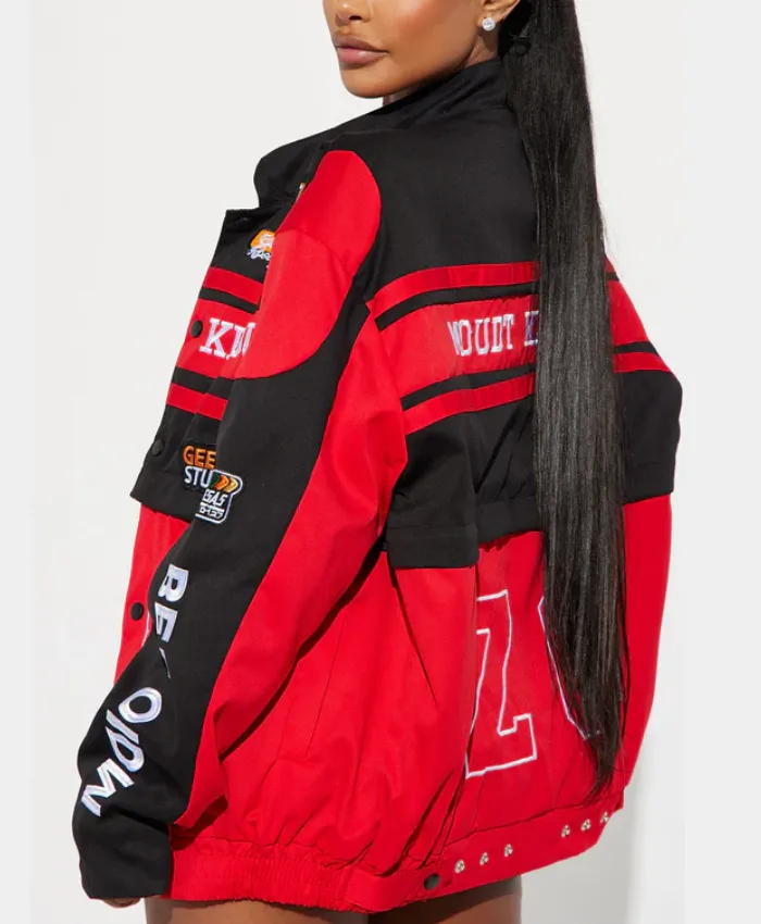 womens boxy fit red bomber jacket back.webp