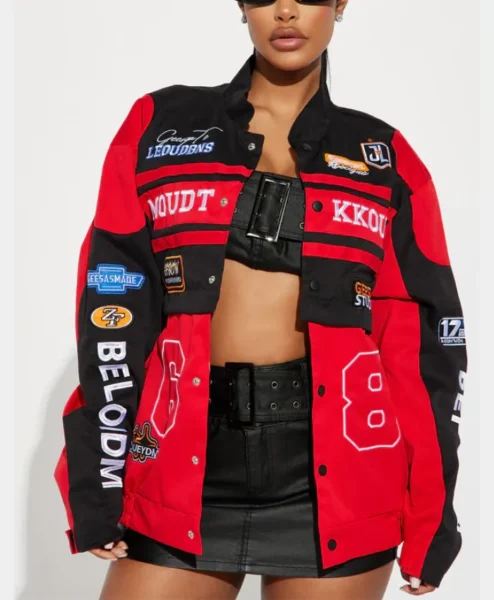 womens boxy fit red bomber jacket front.webp