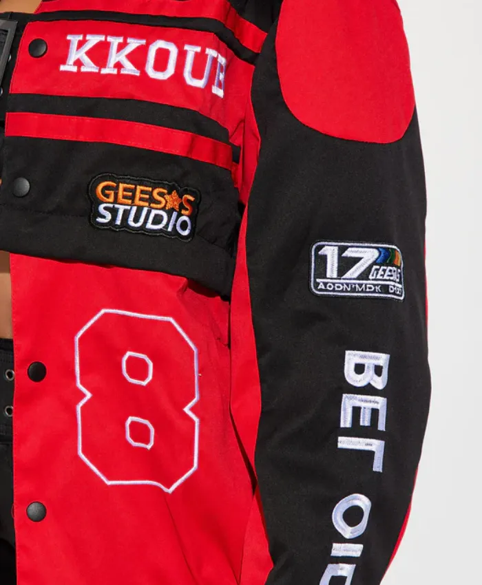 womens boxy fit red bomber jacket logo.webp