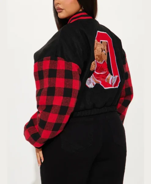 womens cropped black chicago varsity jacket back.webp