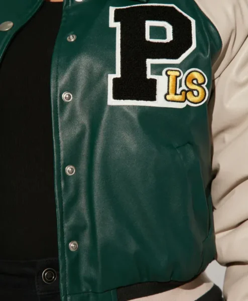 womens leather green graffiti hallways varsity jacket logo.webp