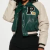 womens leather green graffiti hallways varsity jacket main.webp