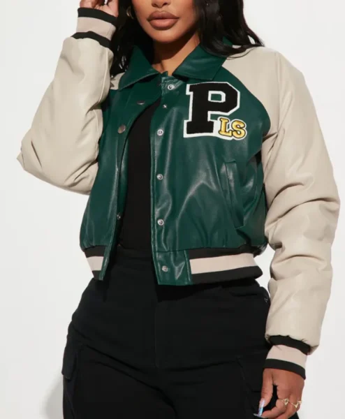 womens leather green graffiti hallways varsity jacket main.webp