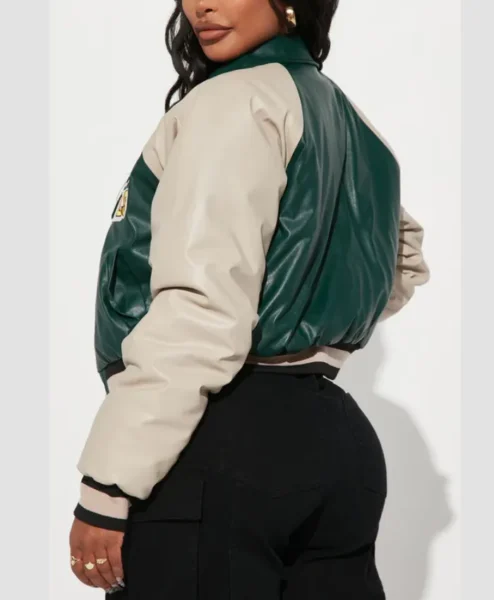 womens leather green graffiti hallways varsity jacket second.webp