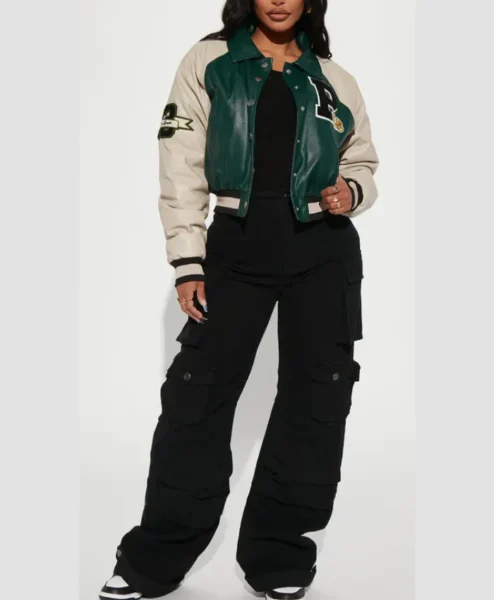 womens leather green graffiti hallways varsity jacket third.webp