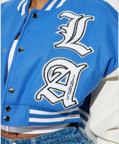 womens los angeles blue 95 cropped varsity jacket logo.webp