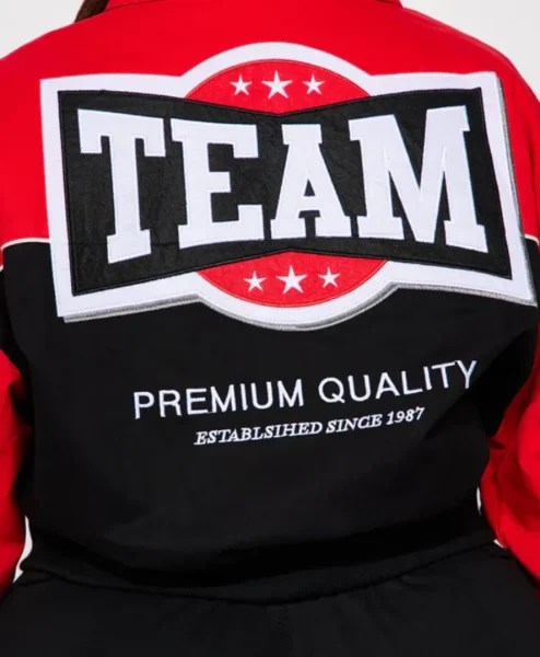 womens red boxy fit need for speed bomber jacket back.webp