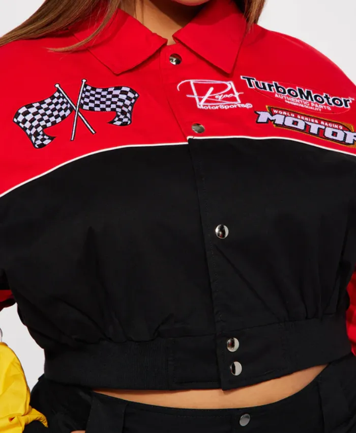 womens red boxy fit need for speed bomber jacket buttoned.webp