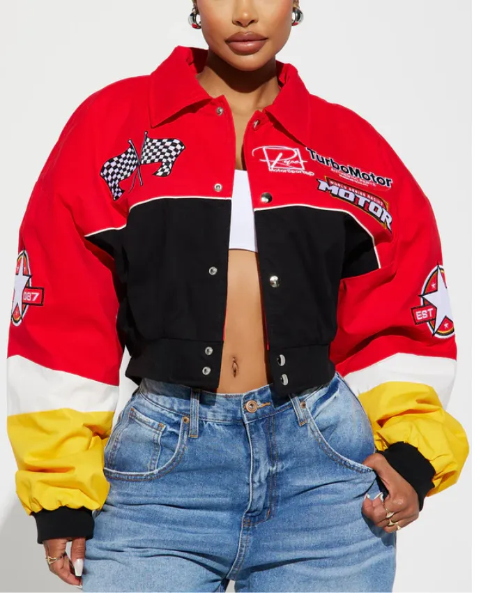 womens red boxy fit need for speed bomber jacket front.webp