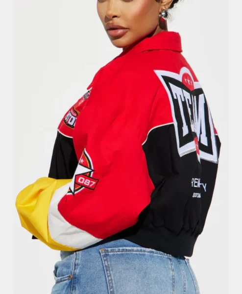 womens red boxy fit need for speed bomber jacketback side.webp