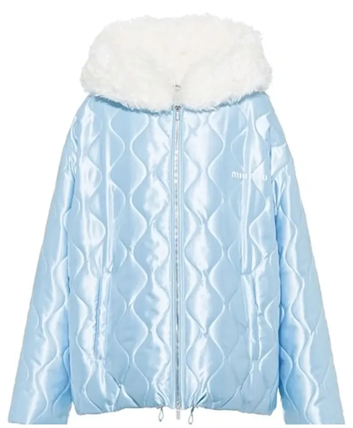 2026 Toronto ICEMAN Video Shoot Drake Quilted Blue Satin Shearling Hooded Puffer Jacket