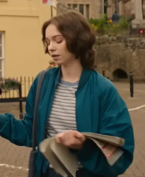 A Good Girls Guide to Murder Emma Myers Blue Bomber Jacket