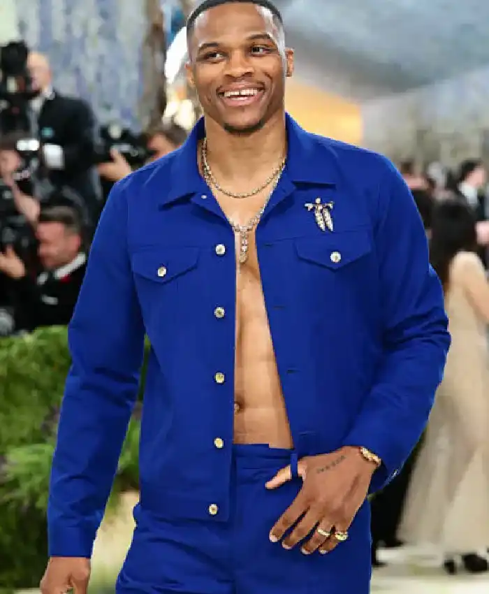 Buy Russell Westbrook Met Gala 2026 Costume Art Exhibition Blue Trucker Jacket For Men