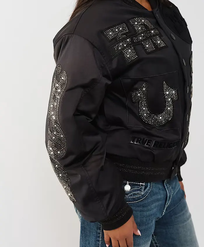 Crystal Logo Black Bomber Nylon Jacket