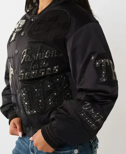 Crystal Logo Black Nylon Bomber Jacket