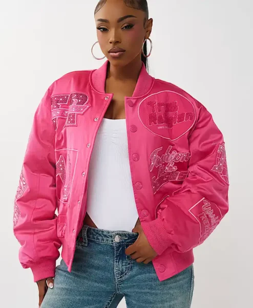 Crystal Logo Boysenberry Nylon Bomber Jacket
