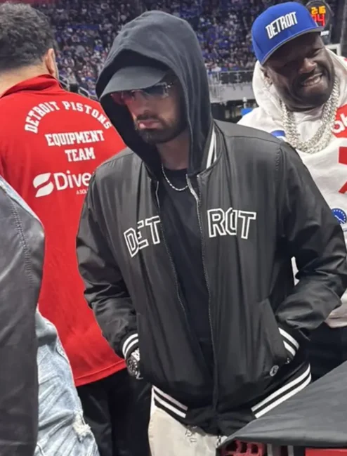 Detroit Courtside for the Pistons vs Cavaliers Game Eminem Detroit Black Bomber Jacket